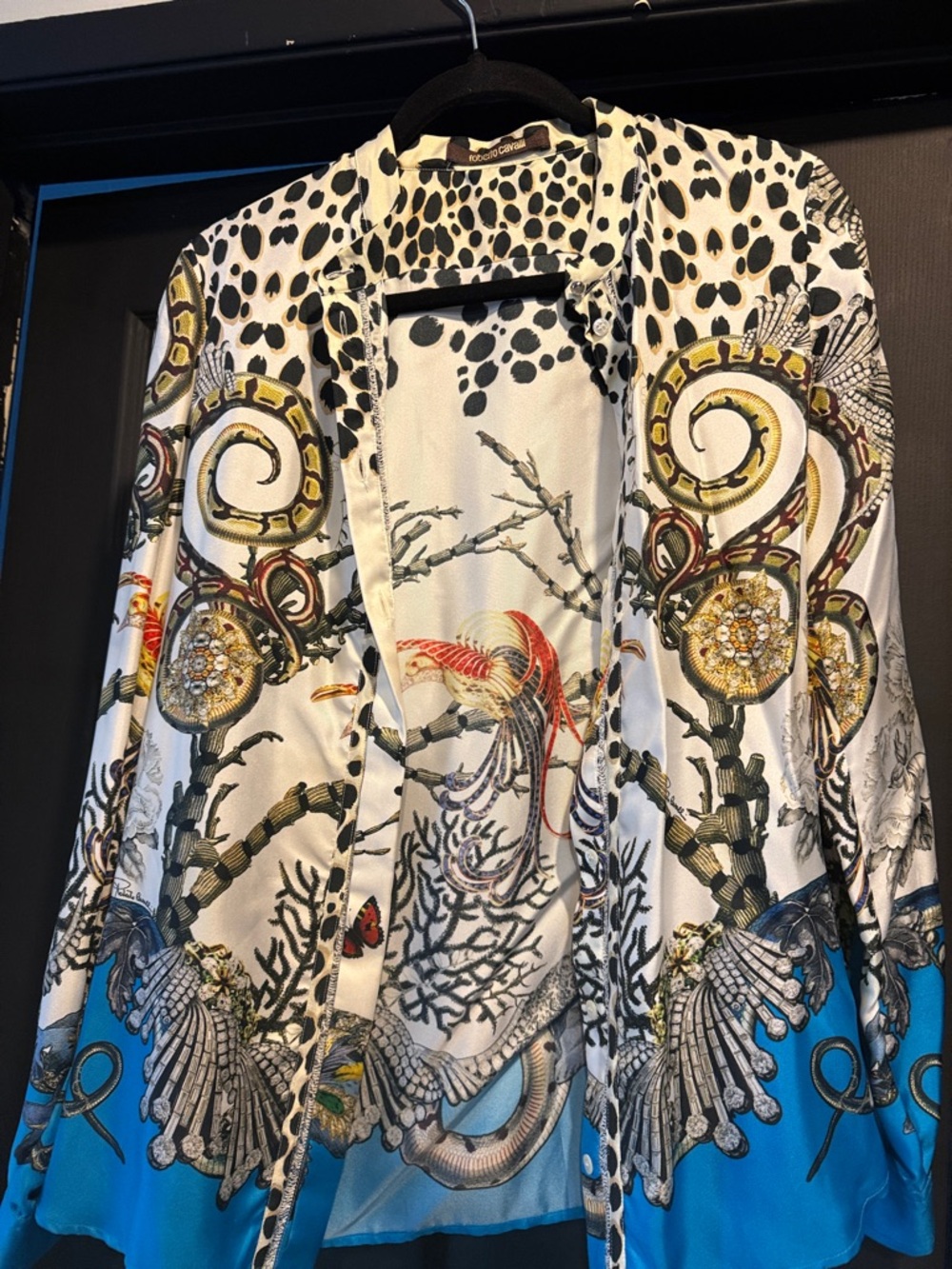 Roberto Cavalli White Blue Printed Silk Blouse